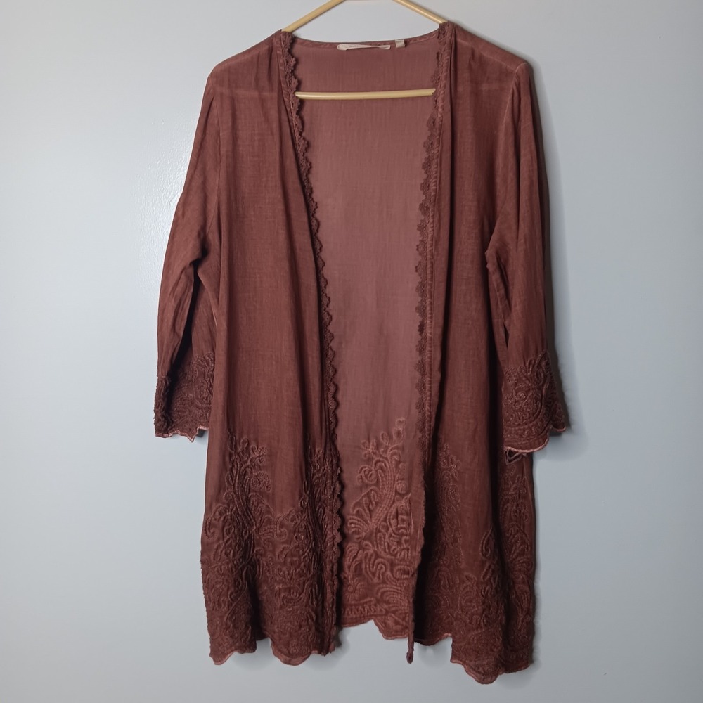Soft Surroundings Caribe Kimono Cardigan Size M Rustic Brown Embroidered Indie